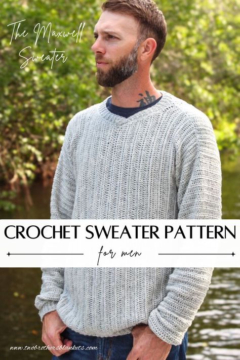 V-neck Crochet Sweater patterne for men, The Maxwell Sweater; Opens a new tabThe  Maxwell Sweater is a  lightweight, men’s V-neck crochet sweater. This easy crochet sweater pattern for men is created by working two panels and sewing them together. This men's crochet sweater pattern calls for fingerling weight yarn. #crochetsweater Crochet Man Sweaters, Men's Crochet Sweater, Easy Crochet Sweater, Crochet Sweater Design, Male Sweaters, Crochet Sweater Free, Crochet Sweater Pattern, Crochet Men, Crochet Sweater Pattern Free