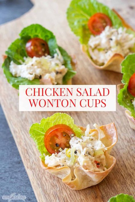 The Simplest Appetizer, Mini Taco Bar, Chicken Salad Wonton Cups, Taco Wonton Cups, Salad Wonton Cups, Chicken Salad Wontons, Taco Wonton, Chicken Salad Appetizer, Wonton Appetizer Recipes