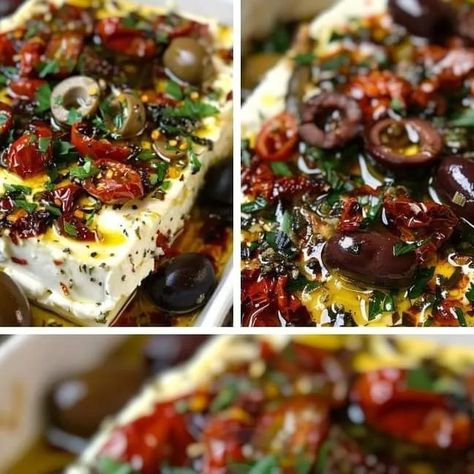 Faeeza Lahri on Instagram: "🧀 Baked Feta with Olives & Sun-Dried Tomatoes 🍅  Ingredients: 8-ounce block feta cheese 1 cup pitted olives, drained ½ cup sun-dried tomatoes ⅓ cup olive oil 3 cloves garlic, thinly sliced ½ teaspoon dried oregano ½ teaspoon dried thyme ½ teaspoon dried rosemary  Salt Fresh cracked pepper Fresh chopped parsley, for garnish Sliced French bread or crostini, for serving Instructions:  Preheat the Oven: Heat your oven to 175 degrees Celsius. Prepare the Dish: Place the feta block in a small baking dish. Surround it with olives and sun-dried tomatoes. Mix the Seasonings: In a small bowl, combine olive oil, sliced garlic, oregano, thyme, rosemary, salt, and pepper. Add Seasonings to Feta: Drizzle the olive oil mixture over the feta, olives, and sun-dried tomatoes. B Baked Feta With Olives, Feta With Olives, Mediterranean Appetizers, Air Fryer Recipes Dessert, Rosemary Salt, Baked Feta, Diet Recipes Easy, Low Carb Salad, Points Recipes