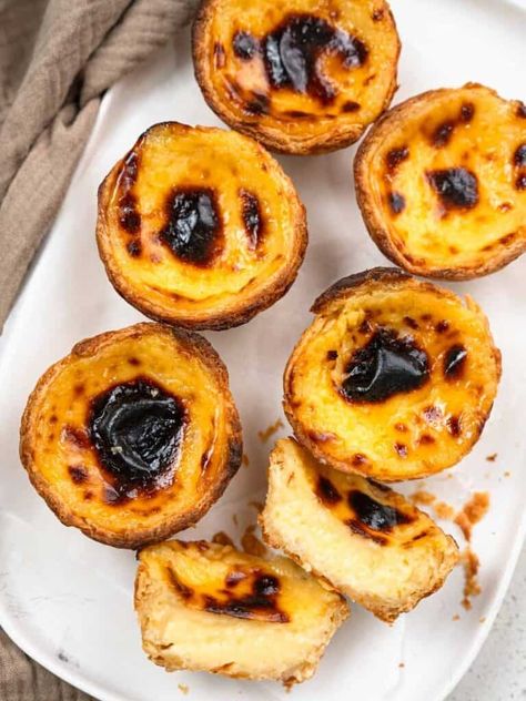 Pastel de Nata (Portuguese Egg Tarts) - Catherine Zhang Portuguese Custard Tarts Pastel De Nata, Portuguese Egg Tart Recipe, Catherine Zhang, Egg Tart Recipe, Portuguese Tarts, Portuguese Egg Tart, Puff Pastry Filling, Egg Custard, Custard Tart