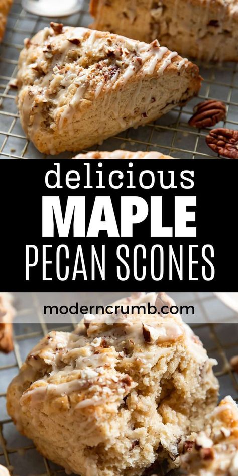 These perfect homemade maple scones are sweet and buttery, filled with chopped pecans and a maple icing drizzle on top. They are super soft and flaky in the center with buttery crisp and crumbly edges on the outside. Maple Pecan Scones, Maple Scones, Icing Drizzle, Pecan Scones, Basic Scones, Maple Icing, Maple Recipes, Pecan Sticky Buns, Winter Dessert Recipes