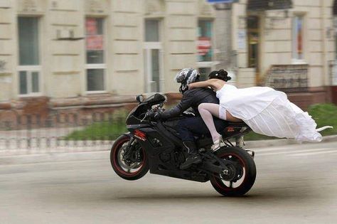 Wedding Moto her Romeo just rescued her from marrying the wrong man!! Bike Wedding, Motorcycle Wedding, Biker Couple, Motorcycle Couple, Runaway Bride, Motorcycle Aesthetic, Biker Aesthetic, Biker Love, Motorcycle Girl