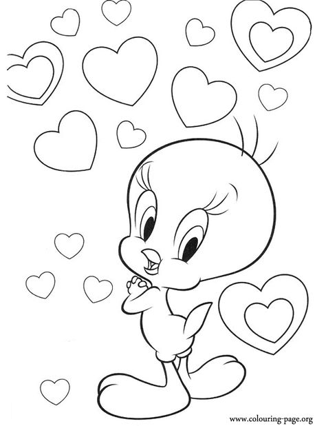 Look! It seems that Tweety is in love! Enjoy this beautiful picture and have fun coloring it! Love Coloring Pages, Bird Coloring Pages, Coloring Pages For Girls, Cartoon Coloring Pages, Disney Coloring Pages, Kids Coloring Books, Cute Coloring Pages, Bird Drawings, Disney Drawings