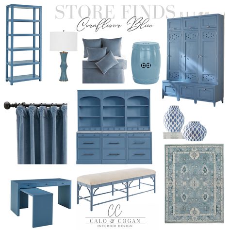 Cornflower Blue Decor, Bookshelf Garden, Wall Drapes, Bedding Blue, Design Curtains, Blue Shelves, Mudroom Lockers, Blue Desk, Blue Office