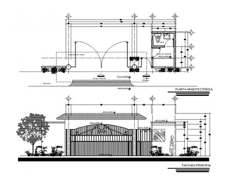 Building entrance gate and watchmen living quarter detail elevation and plan dwg file Residential Gate Design Entrance, Main Gate Design Modern Entrance, Gate House Floor Plans, Residential Fence Design, College Gate Design, Gate House Design Entrance, Residential Entrance Gates Design, Fence Wall Design Modern, Entrance Gates Design Architecture