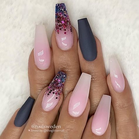 Make Up Nynx | Nails 🤗💞 on Instagram: “🌑🌪️🌸 Milky Pink Ombre, Matte Anthracite Grey and Glitter Fade on long Coffin Nails 👌 • 💝 Follow her for more gorgeous nail art designs! • 👉…” Wedding Acrylic Nails, Long Coffin Nails, Wedding Acrylic, Unghie Sfumate, Milky Pink, Coffin Nails Long, Art Halloween, Short Nail Designs, Acrylic Nails Coffin