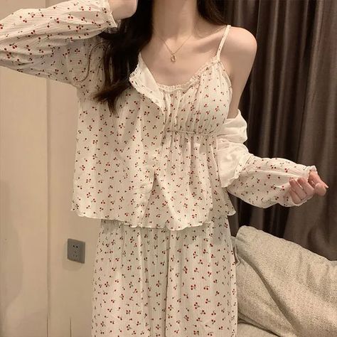 Siensien - Pajama Set: Printed Camisole Top + Light Jacket + Pants | YesStyle Feminine Skills, Invierno Aesthetic, Feminine Outfit Ideas, New Year Fashion, Cute Pajama Set, Pink Korean, Victorian Era Dresses, Color Combos Outfit, Sleepwear Fashion