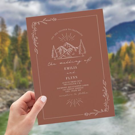 Mountain Wedding Invitation, Terracotta Wedding Invitation, Line Art Botanical, Bold Wedding Invitations, Popular Wedding Invitations, Rustic Mountain Wedding, Mountain Wedding Invitations, Wedding Announcement Cards, Border Background