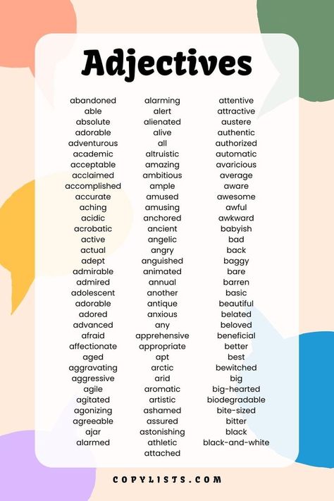 a list of adjectives in 3 columns Adjective List, Antonyms Words List, 3rd Grade Spelling, List Of Adjectives, Study English Language, Grade Spelling, Synonyms And Antonyms, Parts Of Speech, Word List