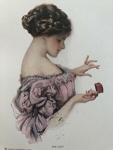 1912 Harrison Fisher Art Print Victorian Fashion “His Gift” Lady With Ring  | eBay Harrison Fisher, Oil Paint On Wood, Victorian Books, Art Deco Illustration, American Illustration, Oil Painting Portrait, Oil Portrait, Book Drawing, Norman Rockwell