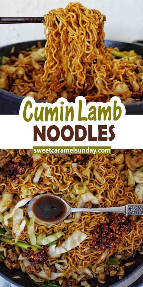 Cumin Lamb Noodles are quick and easy to make! Packed with vegetables, smothered in a hoisin soy sauce they are take out food that can be cooked at home. #easyrecipe @sweetcaramelsunday Cumin Lamb Noodles, Lamb Noodles, Take Out Food, Cumin Lamb, Noodle Dinner, Bear Recipes, Incredible Edibles, Chicken Main Dishes, Main Course Recipes