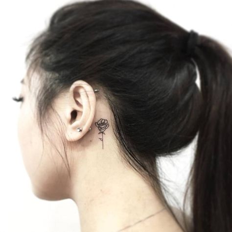 Rose Behind The Ear Tattoo, Flower Tattoo Ear, Fine Line Rose Tattoo, Line Rose Tattoo, Fine Line Rose, Small Nature Tattoo, Tattoo On The Back, Behind The Ear Tattoo Ideas, Behind The Ear Tattoo