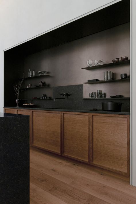 INTERIORS — LILJENCRANTZ Walnut And Black Kitchen, Liljencrantz Design, Flat Kitchen, Belgian Blue, Marble Kitchen Island, Minimal Kitchen Design, Solid Wood Kitchen Cabinets, Solid Wood Kitchen, 70s Interior