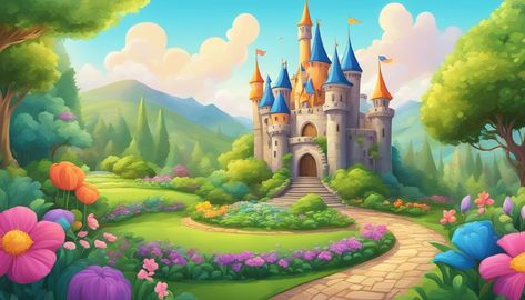 Cartoon Garden Background, Garden Background Aesthetic, Castle Cartoon, Prince Castle, 3d Castle, Cartoon Garden, Birthday Background Design, Garden Background, Castle Background