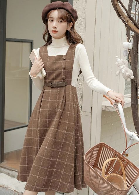 Belted Plaid Pinafore Dress (3 Colors) Modern Dark Academia Fashion, Wool Pinafore, Academic Chic, Dark Academia Dress, Academia Dress, Dark Academia Dresses, Sweater Square, Cottage Fashion, Midi Pinafore Dress