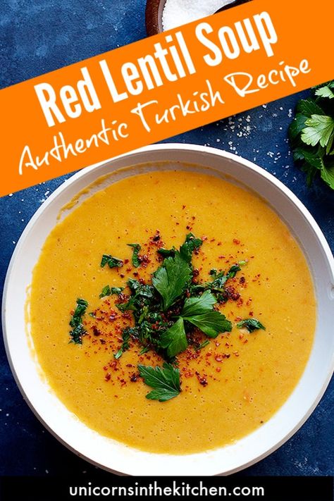 Turkish Lentil Soup Recipe, Turkish Red Lentil Soup, Healthy Lentil Soup, Soup Base Recipe, Gf Cooking, Red Lentil Soup Recipe, Creamy Soup Recipes, Mediterranean Flavors, Healthy Soups