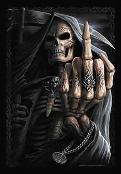 Grim Reaper Quotes, Reaper Quotes, Skull Quotes, Middle Finger Wallpaper, Tato Mandala, Middle Finger Tattoos, Ghost Rider Wallpaper, Skull Quote, Don't Fear The Reaper