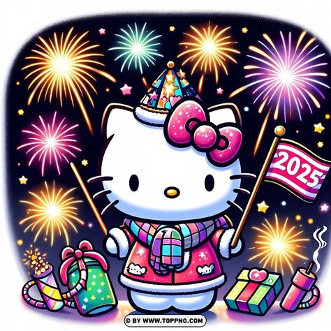 Hello Kitty Happy New Year 2025, Hello Kitty Different Styles, New Years Hello Kitty, Hello Kitty New Year Wallpaper, Happy New Year Hello Kitty, Kawaii New Year, Hello Kitty New Year, Happy New Year Anime, Merry Christmas Hello Kitty