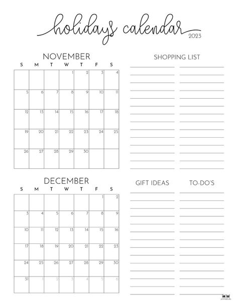 Choose from 8 November-December 2023 Calendars or 4 November-January calendars to plan out all of your busy holiday season. 100% FREE. Print from home! November Printable Calendar, Thanksgiving Shopping List, December Travel, December Images, Travel Calendar, December Gift, Dear Santa Letter, January Calendar, November Month