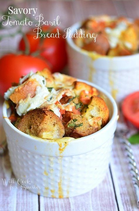 Savory Tomato Basil Bread Pudding | from willcookforsmiles.com #beadpudding #breakfast #brunch Goji Berry Smoothie, Tomato Basil Bread, Savory Bread Pudding Recipe, Ramekin Recipes, Bread Pudding Recipes, Savory Bread Pudding, Basil Mozzarella, Will Cook For Smiles, Savory Bread Puddings