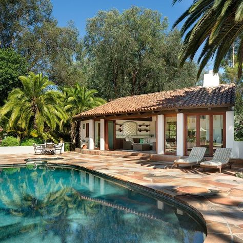 Spanish Pool - Photos & Ideas | Houzz Casita Pool House, Hacienda Style Pool, Spanish House Pool, Spanish Pool Design, Spanish Tile Pool, Mediterranean Backyard Pool, Spanish Style Pool, Pool Casita, Modern House Pool