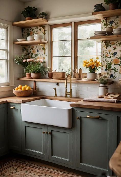 Old Time Kitchen Ideas, Cute Kitchen Design Ideas, Update A Small Kitchen, Green House Design Interior, Cozy Farm Kitchen, Kitchen Counter Layout Ideas, Open Kitchen Inspirations, Kitchen Color Inspiration, Homey Kitchen Aesthetic