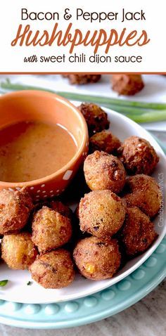 EASY Bacon Pepper Jack Hushpuppies with Sweet Chili Dijon Dip Hush Puppies Recipe, Dijon Sauce, Game Day Recipes, Classic Southern Recipes, Carlsbad Cravings, Easy To Make Appetizers, Comfort Food Southern, Finger Food Appetizers, Pepper Jack