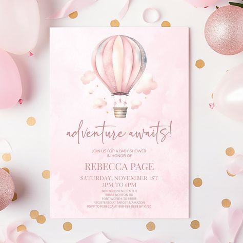 Hot Air Balloon Shower, Pink Hot Air Balloon, Adventure Awaits Baby Shower, Balloon Theme, Baby Shower Souvenirs, Adventure Baby Shower, Pink Baby Shower Invitations, Baby Shower Invites For Girl