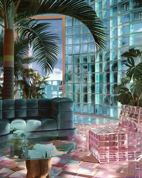 1980s Miami / glass brick paradise 🩷🌴 • • • • (AI images — MJ 6) #80sinterior #1980sinterior #80saesthetic #1980s #80svibes #80snostalgia #80sdecor #80s #vintage #interiordesign #homedecor #luxuryhomes Miami Vice Aesthetic Interior, Miami Loft Apartments, 80s Miami Apartment, 80s Miami Vice Aesthetic, 80s Florida Interior, Miami Vice Interior Design, 1980s Miami Aesthetic, Retro Miami Aesthetic, 80s Miami Aesthetic Home