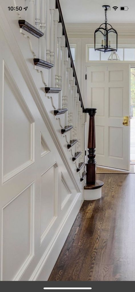 Stair Wall Wainscotting, Wainscoting In Entryway, Millwork Entryway, Stairs Board And Batten, Floor To Ceiling Wainscoting, Foyer Millwork, Stair Millwork, Two Story Foyer Ideas, Two Story Foyer Ideas Entryway