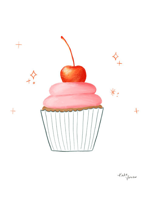 Cute cupcake with pink frosting and a cherry on top. Hand drawn illustration drawing. Simple colored pencil digital art, fruit birthday cupcake. Created by Kate Vories Cupcake With Cherry On Top, Mood Illustrations, Draw Cupcake, Pencil Digital Art, Advance Drawing, Cupcakes Illustration, Cherry Illustration, Cherry Drawing, Cupcake Illustration