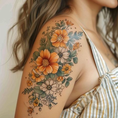 Detailed floral tattoo on woman's upper arm featuring orange and yellow flowers, showcasing exquisite tattoo artistry. Tattoo Sunflower Arm, Feminine Floral Sleeve Tattoo, Shoulder Cuff Tattoos For Women, Autumn Floral Tattoo, Floral Tattoo With Color, Upper Arm Flower Tattoos For Women, Flower Tattoos Color, Greenery Tattoo, Colorful Flower Tattoo