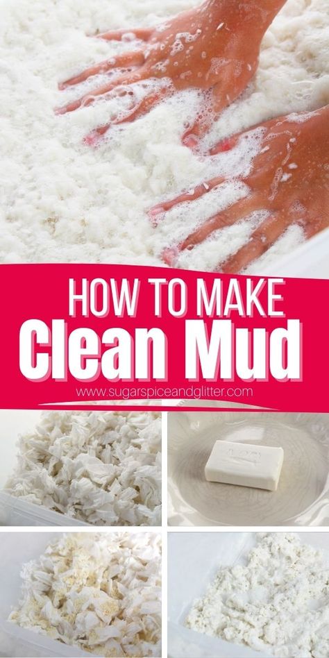 Clean Mud Recipe, Germs Sensory Bin, Play Mud Recipe, Wet Sensory Play, Mud Sensory Play, Mud Play Ideas, Mud Recipe, Mud Pie Recipe, Mud Paint