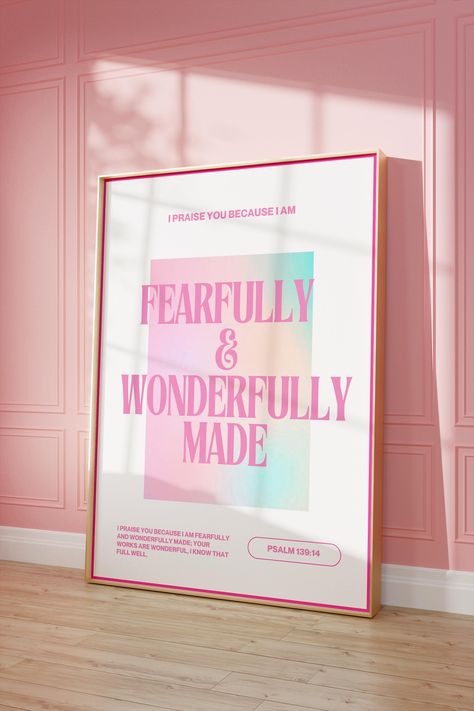 Christian Girl Room, Wonderful And Fearfully Made Psalm 139, Christian Bedroom Ideas, Christian Room Ideas, Fearfully Wonderfully Made, Pastel Gradient, Jesus Prints, Christian Bible Study, Girly Art Illustrations