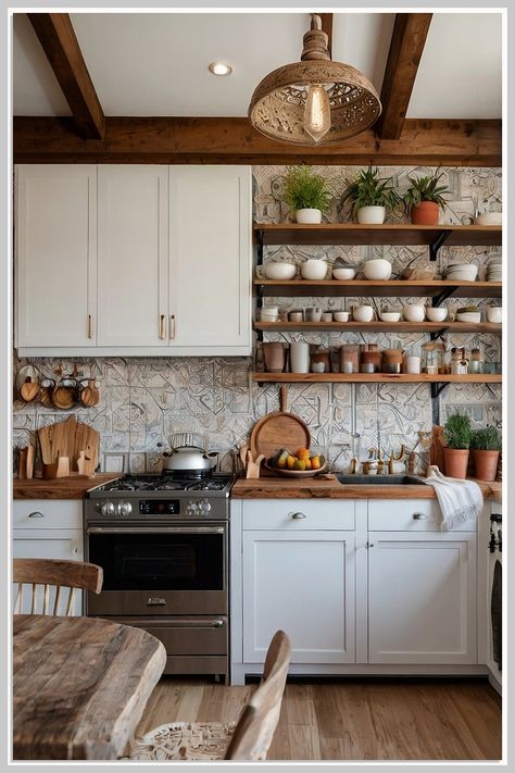 Transform your kitchen into a boho paradise with these 6 useful kitchen ideas for stunning boho decor you'll love. Discover creative ways to incorporate earthy tones, eclectic patterns, and natural materials that bring warmth and style to your space. From unique storage solutions to vibrant accents, these tips will inspire you to create a cozy and inviting atmosphere that reflects your personality. Elevate your kitchen decor with these boho-inspired ideas today! Earthy Kitchen White Cabinets, Contemporary Boho Kitchen, Southwest Kitchen Ideas, Modern Boho Kitchen Decor, Bohemian Kitchen Ideas, Modern Mexican Kitchen, Boho Home Decor Kitchen, Farmhouse Boho Kitchen, Rustic Boho Kitchen