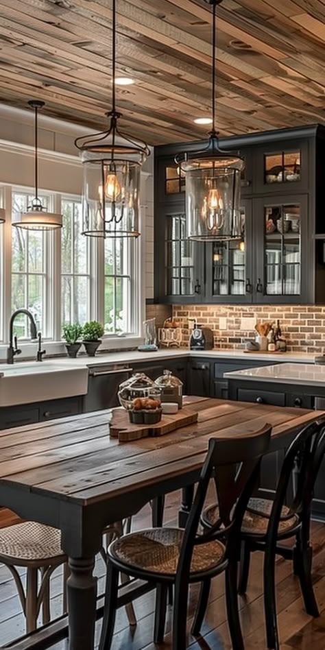 Illuminate Your Dining Area with Farmhouse Kitchen Lighting - Quiet Minimal Farmhouse Kitchen Lighting, Black Farmhouse, Farmhouse Kitchen Design, Farmhouse Dining Room, Trendy Kitchen, Family Fashion, Decoration Inspiration, Farmhouse Dining, Rustic Kitchen