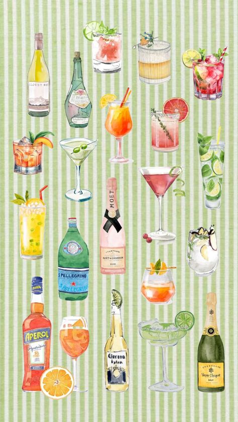 Old Money New England, Bottles Alcohol, Spritz Cocktails, Cocktails Summer, Alcohol Art, Aesthetic Old Money, Watercolor Collage, Wedding Collage, Aesthetic Old