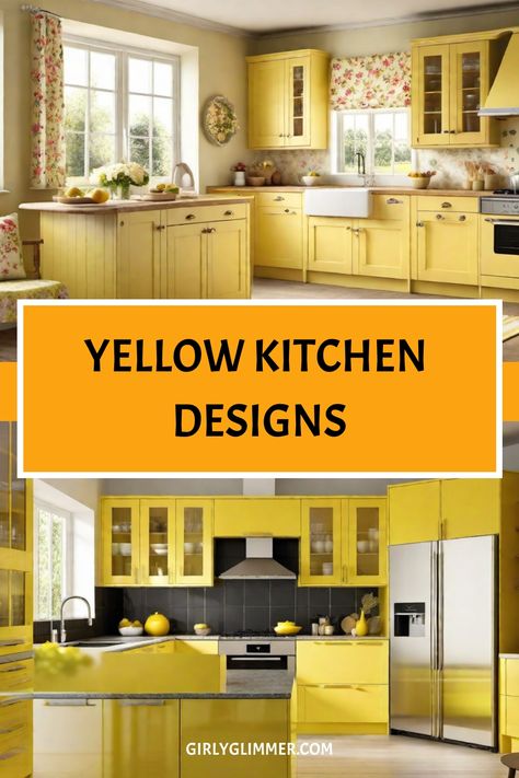 Yellow-themed kitchen designs with modern cabinetry and appliances. Kitchen Painting Ideas, Yellow Kitchen Inspiration, Vintage Yellow Kitchen, Kitchen Color Ideas, Yellow Kitchen Walls, Yellow Kitchen Designs, Kitchen Color Yellow, Kitchen Color Schemes, Yellow Kitchen Cabinets