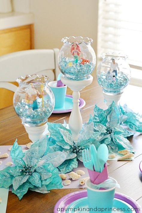 Turquoise Table Little Mermaid Decorations                                                                                                                                                                                 More Little Mermaid Decorations, Ariel Birthday Party, The Little Mermaid Party, Ariel Party, Mermaid Birthday Party Decorations, Ariel Birthday, Easy Party Decorations, Karakter Disney, Mermaid Theme Party