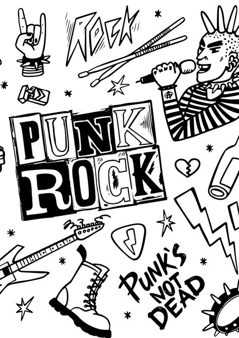 2 Printable Coloring Pages-Punk Rock Music, Guitar Bank, Heavy Metal Rock Coloring Pages pdf -All Ages, Adults by HartfordHustlePrints on Etsy Punk Doodles, Punk Tattoo Ideas, Rock Doodles, Punk Rock Tattoos, Punk Rock Art, Band Artwork, Punk Drawing, Emo Tattoos, Art Punk