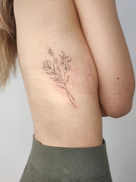 Bouquet Of Flowers Tattoo Ribs, Tat Placement, Gladiolus Tattoo, Feminine Back Tattoos, Small Rib Tattoos, Thistle Tattoo, Flower Bouquet Tattoo, Mastectomy Tattoo, Rib Tattoos For Women