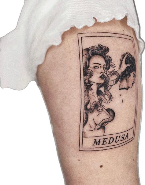 Medusa Playing Card Tattoo, Medusa Tattoo Holding Head, Medusa Tarot Card Tattoo Design, Medusa Card Tattoo, Medusa Tarot Tattoo, Medusa Tattoo Tarot Card, Medusa Pinup Tattoo, Fineline Medusa Tattoo, Medusa Holding Perseus Head Tattoo