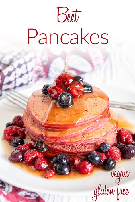 These easy Beet Pancakes are sweet and colorful. Their pink color makes them perfect for Easter or Valentine's Day. Beet Pancakes, Gluten Free Banana Pancakes, Almond Pancakes, Pancake Mix Recipes, Vegan Pancake Recipes, Beet Smoothie, Kids Breakfast, Vegan Easter, Vegan Whipped Cream