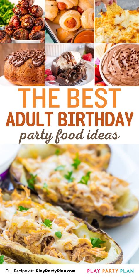 If you’re planning a party menu, these are the best adult birthday party foods for any occasion! These are the fool-proof recipes that work all year long and are great for any theme. | food for adult birthday party | adult birthday party food spread | adult birthday party food themes | adult birthday party finger foods | adult birthday party food table | adult birthday party food ideas easy diy | adult birthday party food appetizers | adult birthday party food ideas Husband Birthday Food Ideas, Fun Birthday Appetizers, 60th Birthday Food Table, Bday Party Dinner Food Ideas, 60th Party Food Ideas, November Birthday Food Ideas, Birthday Food Ideas Adults, Birthday Food Adults, 20th Birthday Party Food Ideas