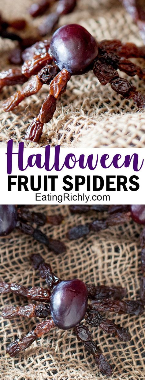 Halloween Spiders Food, Halloween Grapes Treats, Spider Food Ideas For Kids, Spider Themed Food, Fruit Spider, Halloween Fruit Pizza, Edible Spiders, Snacks For Kids Party, Spider Snacks