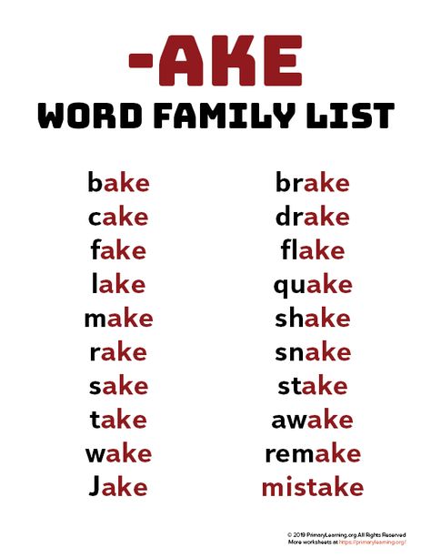 Use this word family list to introduce the sound of words ending with -AKE. Words: bake, cake, fake, lake, make, rake, sake, take, wake, Jake, brake, drake, flake, quake, shake, snake, stake, awake, remake, mistake. #worksheets #kindergarte #phonics #wordfamily #poster https://primarylearning.org/worksheet/ake-word-family-list/?utm_source=pinterest&utm_medium=social&utm_campaign=fundamental_skills&utm_term=word_families&utm_content=word_list Ake Word Family, Ig Word Family, Word Families Printables, Word Family List, Kindergarten Word Families, Phonics Chart, Word Family Activities, Phonics Posters, English Worksheets For Kindergarten