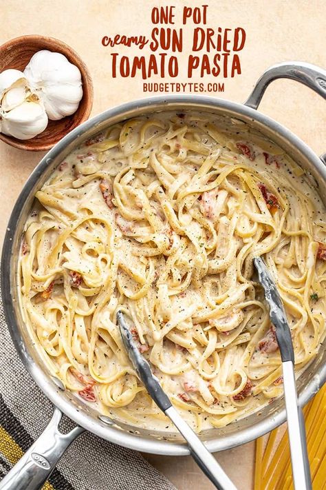 One Pot Creamy Sun Dried Tomato Pasta Creamy Sun Dried Tomato Pasta, Dried Tomato Pasta, Sun Dried Tomato Pasta, Sundried Tomato Pasta, One Pan Pasta, Budget Bytes, One Skillet Meals, Dinner Plans, Sundried Tomato