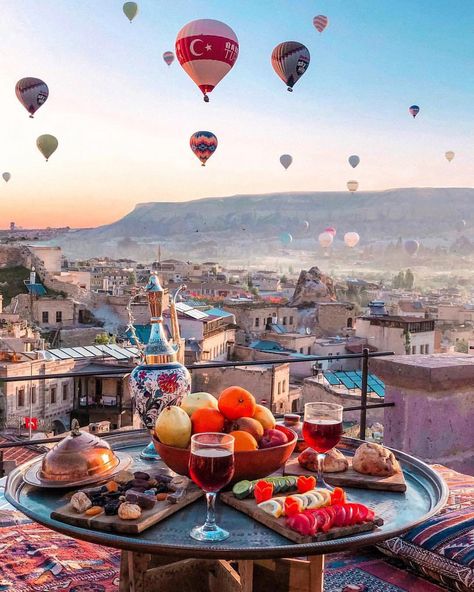 6,058 Likes, 126 Comments - Cappadocia Goreme (@goreme) on Instagram: “We love waking up with this view each morning 🎈 Photo: @viguess Location: @sultan_cave_suites For…” Table With Food, Romantic Breakfast, Best Honeymoon Destinations, Cappadocia Turkey, Instagram Friends, Turkey Travel, Hot Air Balloons, Air Balloons, Beautiful Places To Travel