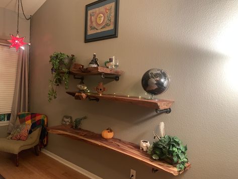 Live Edge Coffee Shelf, Cypress Wood Shelves, Wood Slabs Shelves, Raw Wood Shelf Rustic, Plants Shelves, Wooden Shelves With Pipes, Industrial Piping, Long Floating Shelves, Hand Made Wood