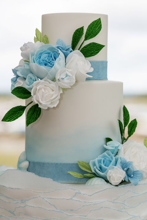 White And Blue Wedding Cake, Wedding Cake Designs Blue, Contemporary Wedding Cake, 4 Tier Cake, Light Blue Wedding Cake, Paper Ruffles, Wedding Cake Peach, White And Blue Wedding, Contemporary Wedding Cakes